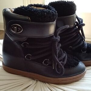 COACH Black Shearling Trim Lace-Up Wedge Sneaker Boots